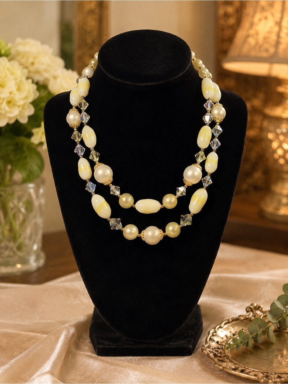 Vintage Japan Butter Yellow Glass Crystal Bead Two Strand Choker Necklace